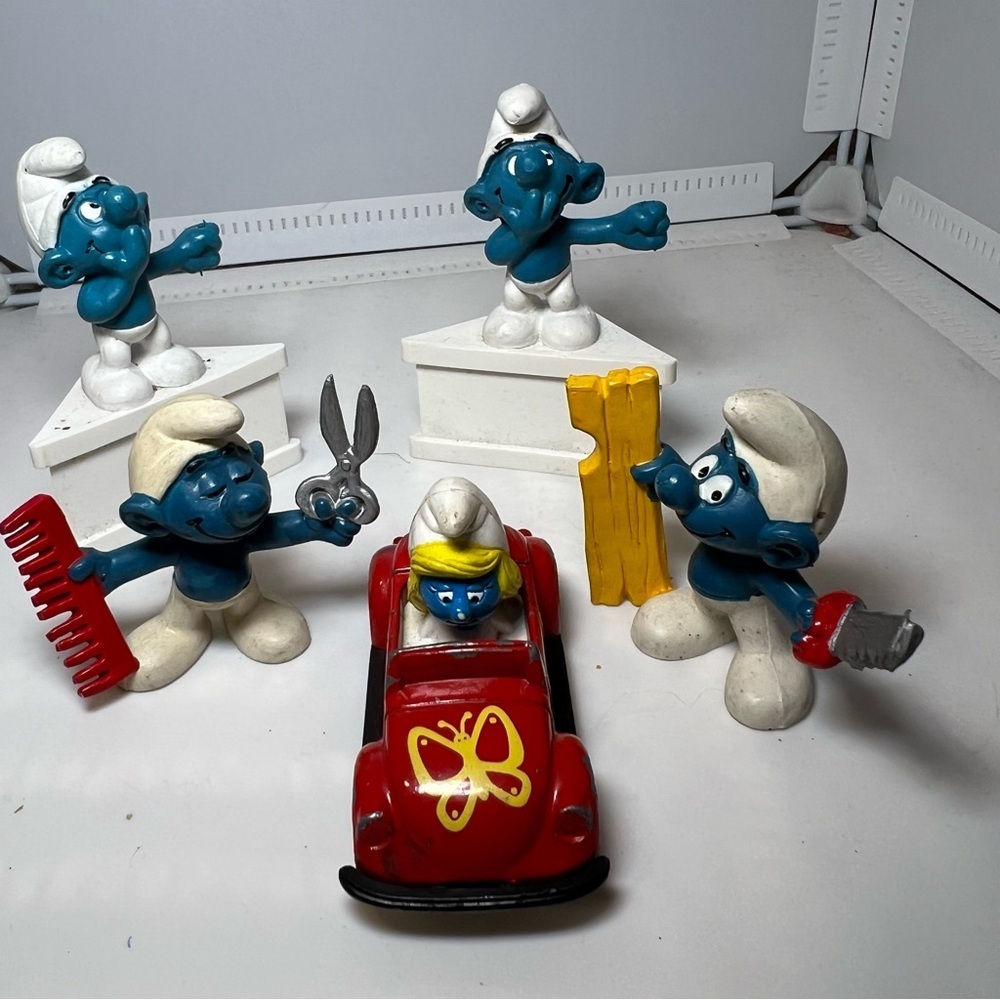 Vintage Smurf figures 5 lot 1970s 1980s Car, Barber, Chain Saw, - Picture 2 of 6